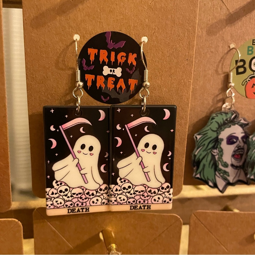 ‘Death’ acrylic ghost earrings Halloween, Fall